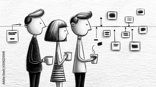 Coworkers Planning Content Marketing Calendar Filled with Blog Sketches, Campaign Arrows, and Publishing Deadlines, Black and White Ink Illustration

