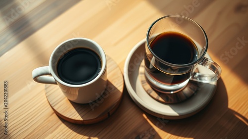 Two cups of dark coffee on wooden surface bathed in sunlight