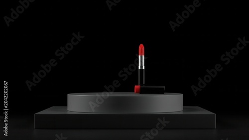 Dramatic Black and Gray Product Display with Red Lipstick