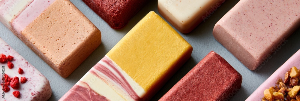 Fototapeta premium Frozen dessert bars are arranged in an elegant layout that highlights their textures and colors, with ample space for promotional content