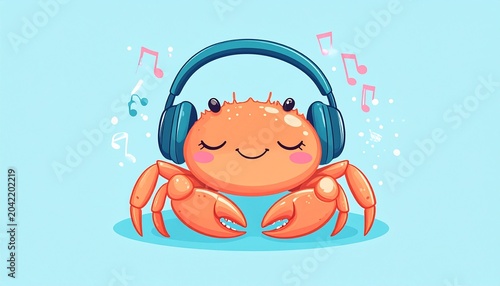 Cute Crab Cartoon Character Enjoying Music with Headphones.
