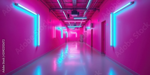 A vibrant pink hallway illuminated by neon tubes in contrasting colors of blue and pink, creating a modern and stylish atmosphere.