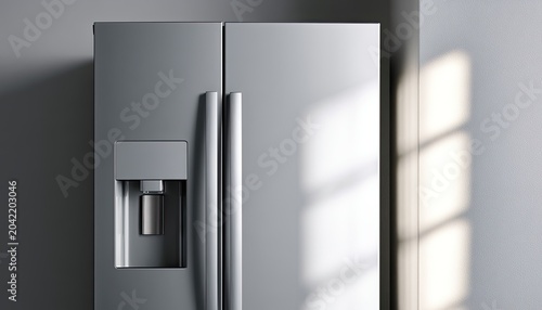 Sleek, modern, stainless steel appliance with water dispenser and window light