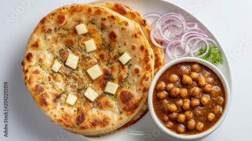 Aloo paratha with chole and onion salad