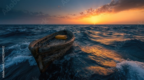 Small, weathered boat adrift on choppy sea at golden sunset