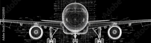 Detailed wireframe blueprint of an aircraft against a black background