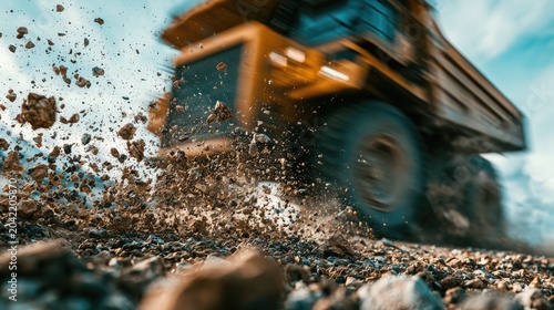 Massive yellow mining truck crushing gravel, creating dust and debris