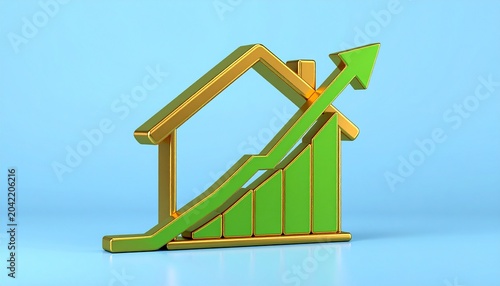 A golden house outline combined with an upward-trending green bar graph and arrow signifies real estate growth.