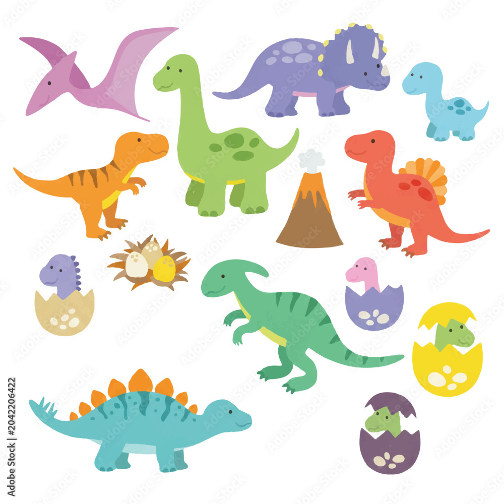 Fototapeta premium Set of funny cartoon dinosaurs vector illustration collection of cute baby dinosaurs and animal icons
