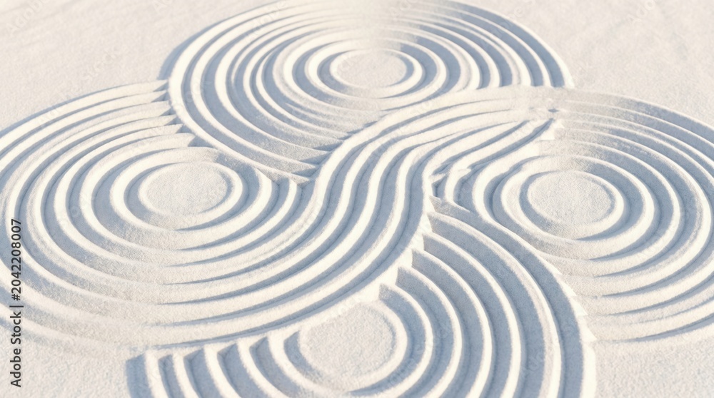 Naklejka premium White sand raked into intricate circular and wavy patterns, creating a serene texture. Feeling of peace and harmony in a zen garden.