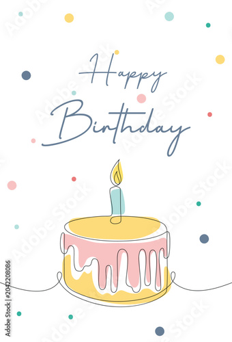 Happy Birthday Greeting Card Template with Minimalist Continuous Line Art Bunting Garland and Colorful Confetti Points