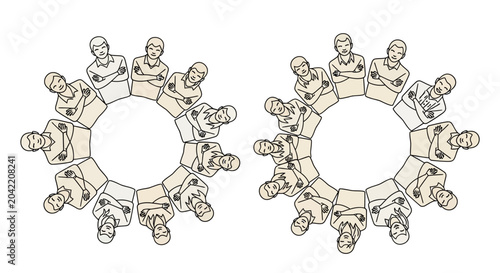 Manager leading remote team in a circular meeting, illustrating collaboration and distance communication for business strategy.