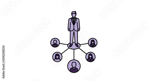 Manager leading a diverse remote team with connections radiating from the center, symbolizing communication and collaboration in a virtual workplace.