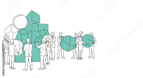 Manager leading diverse remote team in collaborative business meeting, building project with geometric shapes
