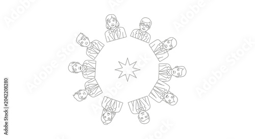 Manager leading remote team meeting around a circular table, illustration of collaboration and communication in modern business.