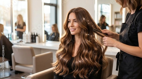 Woman getting her long brown hair styled by a hairdresser in a salon