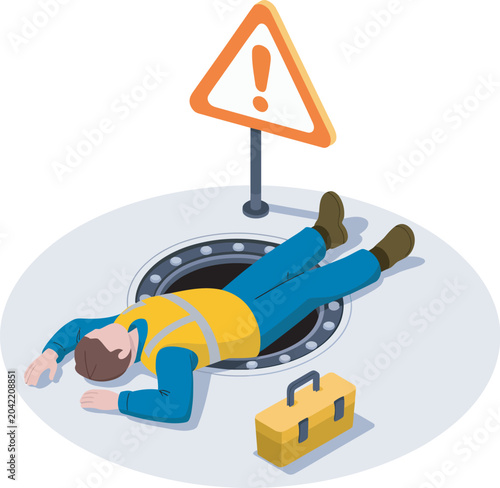 Foto Industrial worker loses consciousness while exiting confined space without proper safety measures, highlighting critical workplace hazard warning and industrial safety risks