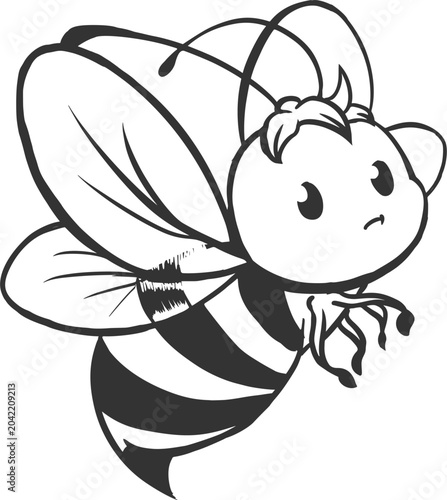 Cute Cartoon Bumble Bee Vector Illustration Isolated on White Background, Adorable Flying Honey Bee Character Mascot, Kawaii Insect Clipart, Kids Nursery Design, Animal Cartoon Line Art Drawing