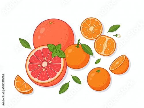Illustration Of Brightly Colored Citrus Fruits, Grapefruit And Oranges