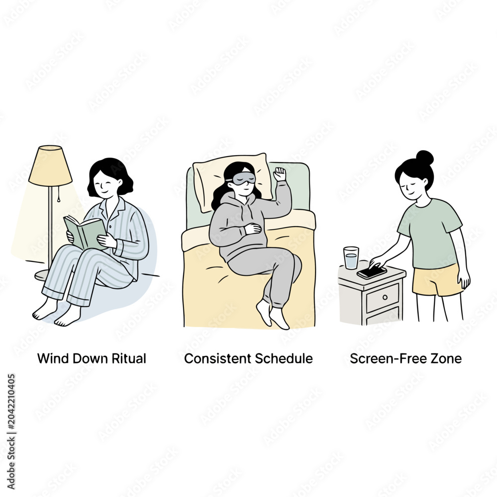 Naklejka premium Healthy evening wind down ritual and consistent sleep habits.