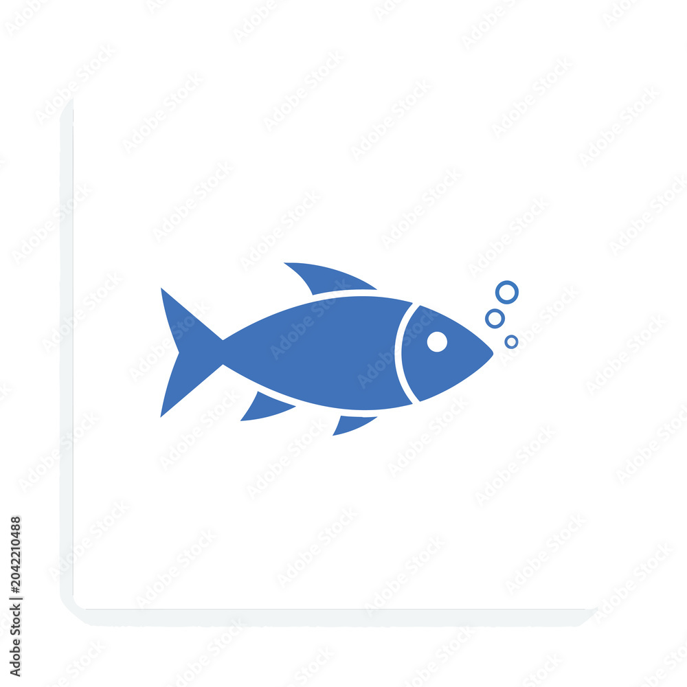 Fototapeta premium Minimalist blue fish icon with air bubbles.