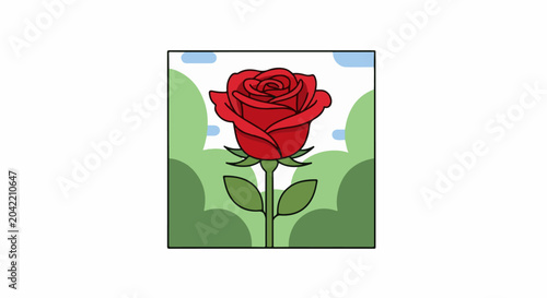 Vibrant red rose with green leaves and stem against a backdrop of green hills