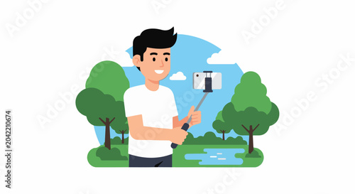 Young man smiling while taking selfie with phone on stick in park