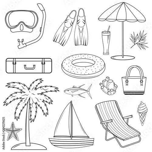 Hand-drawn summer travel and beach vacation icon set. Vector outline doodle
