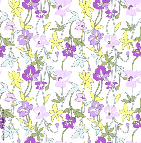 elegant purple and yellow floral seamless pattern on white background for design