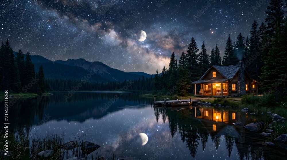 Obraz premium Cozy log cabin reflected in lake under Milky Way night sky