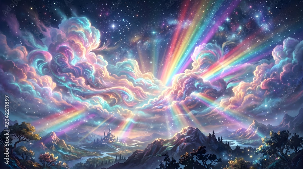 Fototapeta premium Colorful glowing clouds with rainbow light rays over a mountain valley