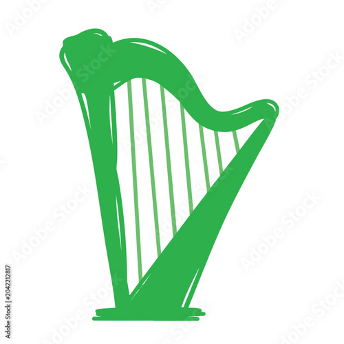 Stylized Green Harp Musical Instrument Illustration.