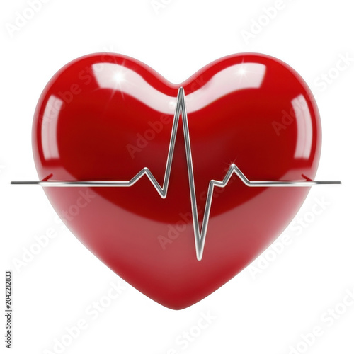 Glossy red heart with ekg line isolated on transparent background