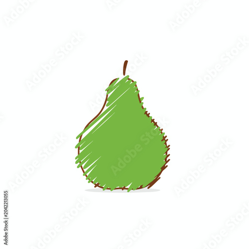Stylized hand drawn green pear illustration on white background.