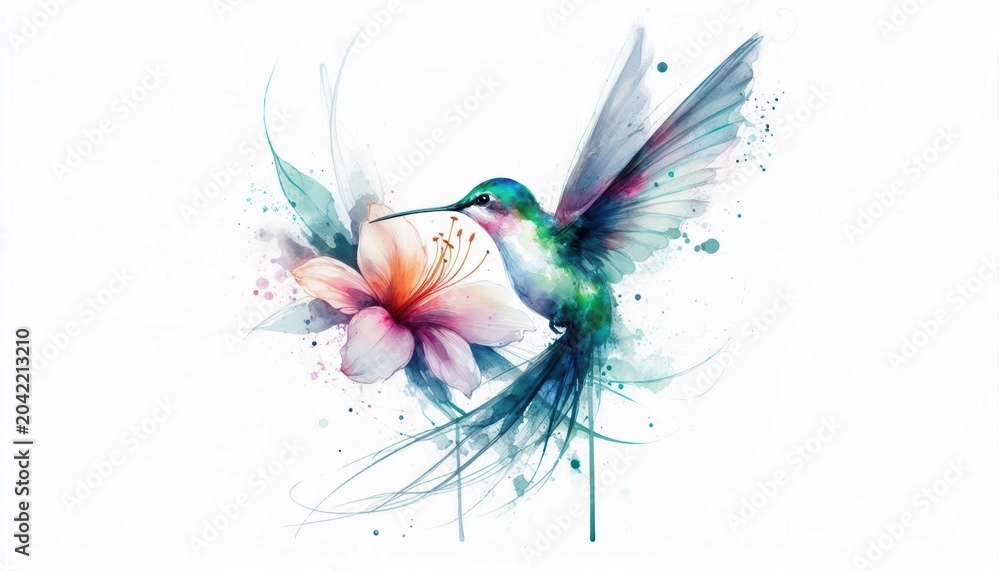 Fototapeta premium Delicate watercolor hummingbird illustration with vibrant plumage sipping nectar from flower