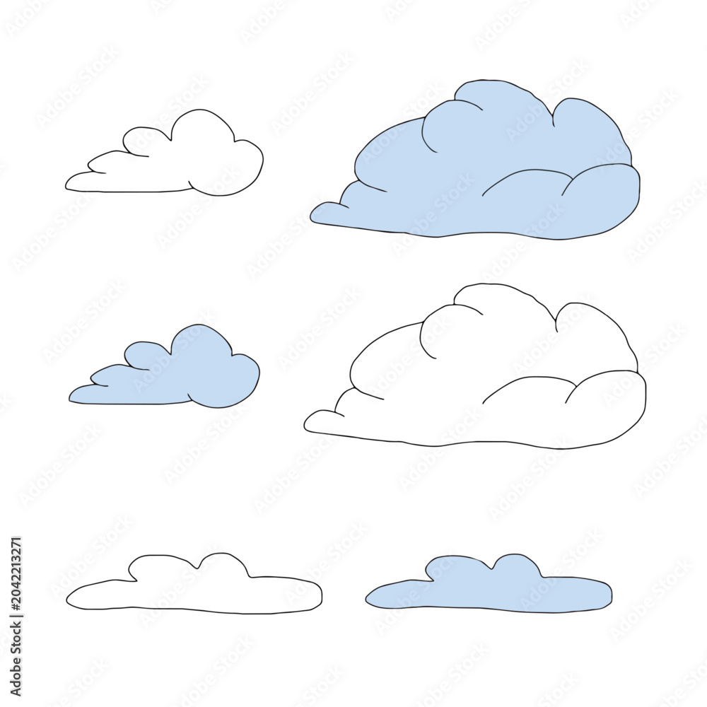 Obraz premium Set of clouds vector graphic illustration. Hand drawn various fluffy and abstract cumulus. Doodles for weather apps, cloudscape, children's book illustrations, website, isolated on white background