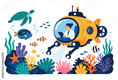 Canvas Print Woman in yellow submarine ocean.
