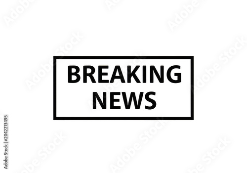 Minimalist white outline rectangular frame containing the text breaking news for television broadcast or digital media information overlay isolated on a transparent background
