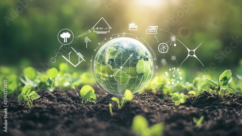 Glowing glass globe featuring digital ecology icons sits in fertile soil surrounded by small green sprouts in this bright photograph