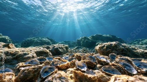 Underwater scene showing the ocean floor covered with discarded oyster shells and rocks, with bright sunbeams penetrating the clear blue water from the surface