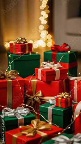 A stack of colorful christmas presents with ribbons and bows on a carpeted floor