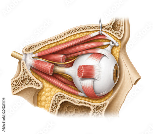 Human eye anatomy with extraocular muscles and orbital section