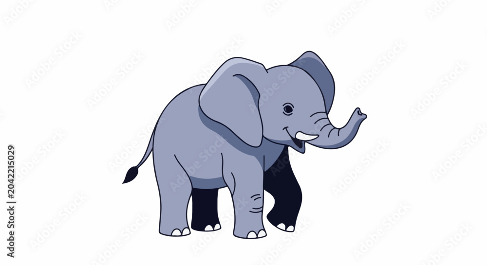 Fototapeta premium A cartoon elephant with large ears and a raised trunk on a white background