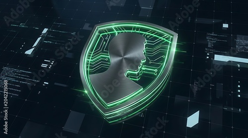 Digital Shield with Human Head Silhouette and Circuitry.