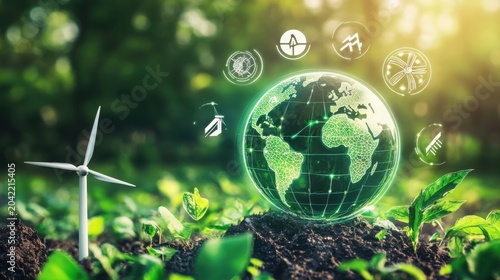 Glowing digital earth globe rests on fertile soil beside a wind turbine representing sustainable energy solutions for our green planet