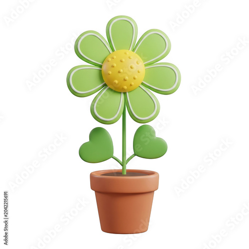 Whimsical green flower with heart leaves in a terracotta pot isolated on transparent background