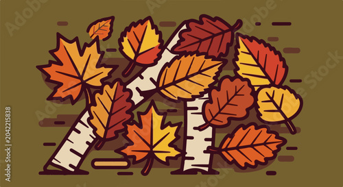 A stylized, flat illustration of fallen autumn leaves and birch branches