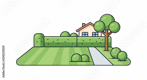 A simplified cartoon illustration of a house, garden, and path