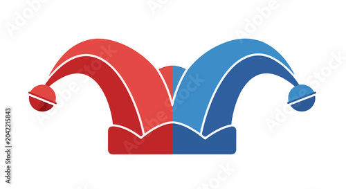 Festive jester's cap, split red and blue with pompoms