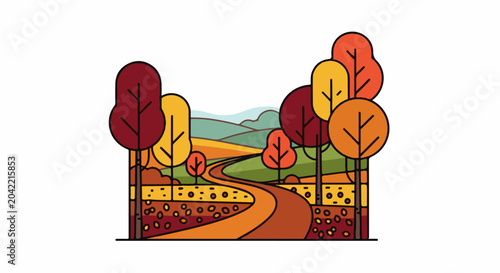 Stylized autumn scene with winding road and colorful trees